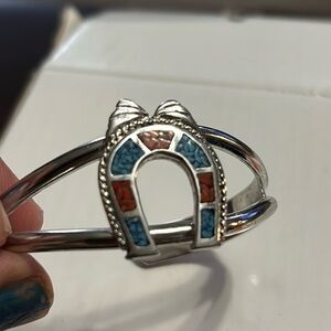 Vintage Navajo horseshoe turquoise and coral bangle bracelet unmarked